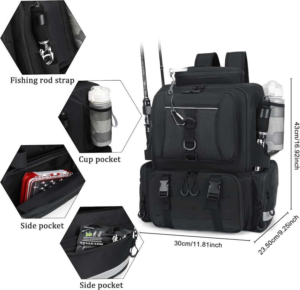 Fishing Tackle Backpack with Rod Holders, Travel Backpack for Fishing