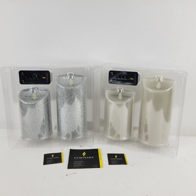 Luminara Flameless 5''&7'' Smooth and Glitter 4-Pack Candle Set Silver Grey