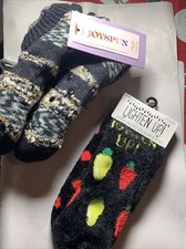 JOYSPUN Marled Black Stripe Sweater Knit Fur Lined Slippers AndSocks Sz 4-10