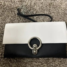 Sondra Roberts White, Black, Gold Metallic Clamshell Clutch Handbag Purse