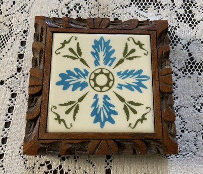 Orion Tile Trivet Square Blue White Green  Wood Frame Monterey Mexico 6x6x1