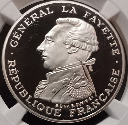 **SALE-RARE PROOF** 1987 Piefort France 100 Francs Gen. Lafayette - Silver - Picture 2 of 3