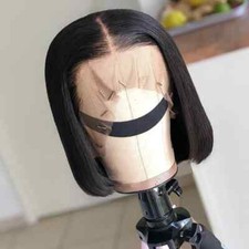 Straight Short Bob Natural Black Lace Front Human Hair Wigs Pre Plucked Closure