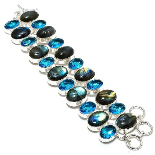 Natural Labradorite, Blue Topaz Gemstone 925 Sterling Silver Bracelet 7-8" u513