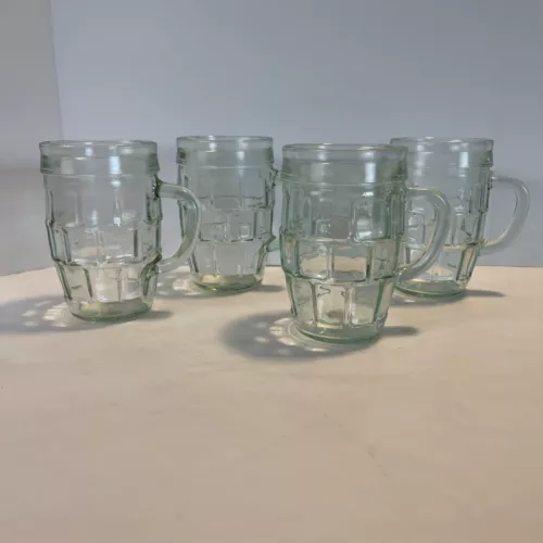 SET OF 4 Vintage Barrel Block Mugs Light Green Tint Glass 8 oz,Numbered 4.5"