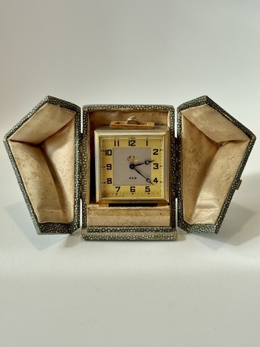 Vintage French JAZ Art Deco Cubic Travel Alarm Clock in Stingray Skin Case c1928