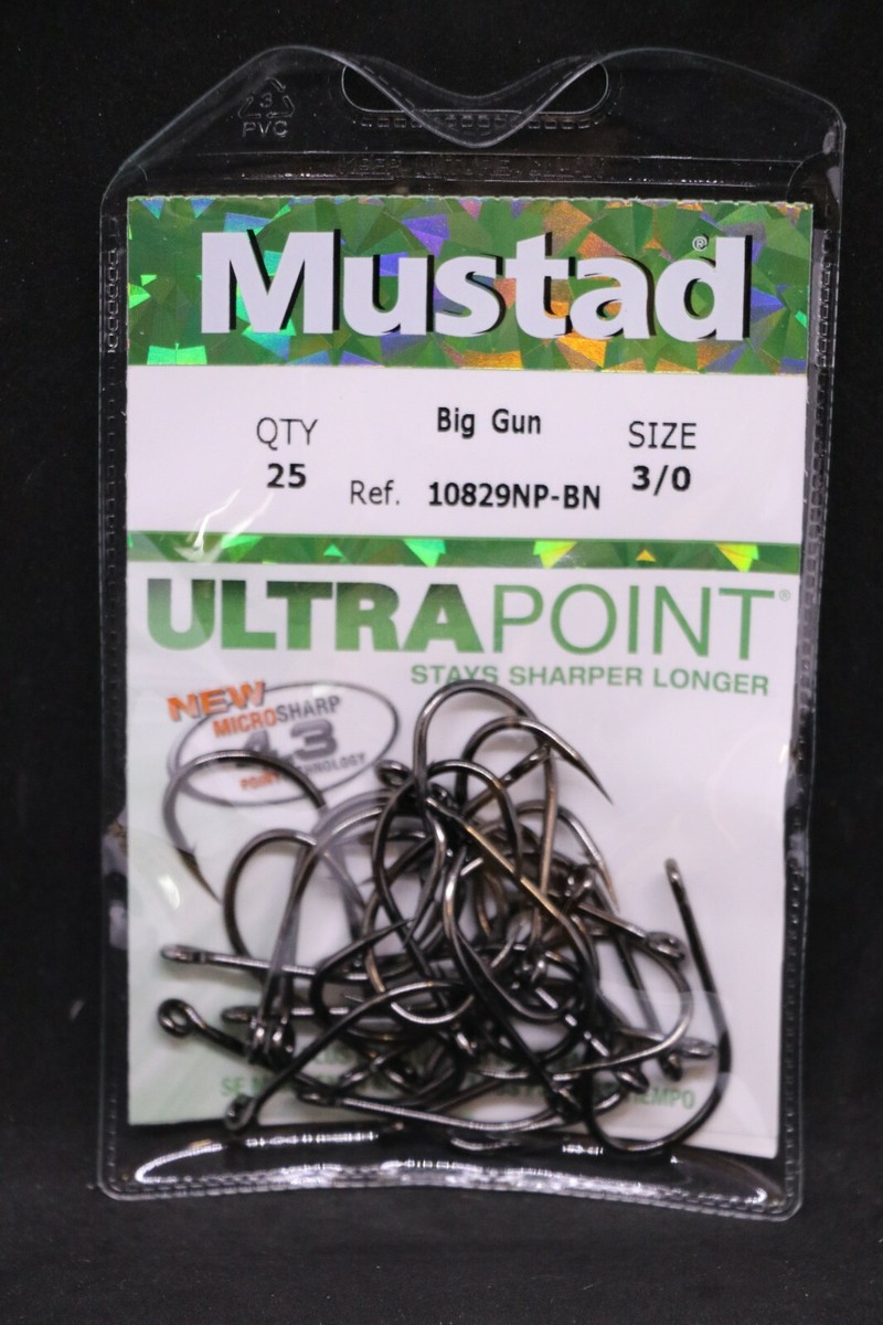 big gun fishing hooks Bait Wide Gap, Long Shank, Kirbed which is 4 times as rust resistant as traditional Black Nickel. 25 Pack Mustad Ultra Point