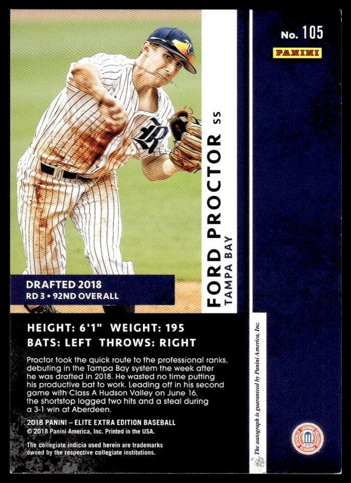 2018 Panini Elite Extra Edition Autographs Ford Proctor Auto Tampa Bay Rays #105 - Image 2 of 2