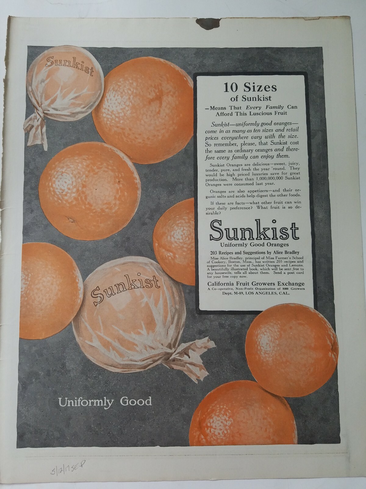 1917 Sunkist California Fruit Growers exchange oranges fruit vintage ad