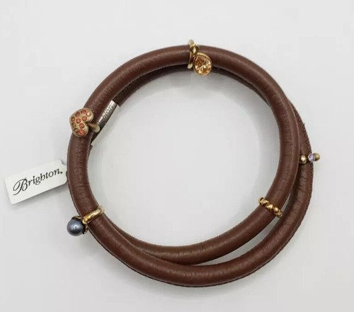 NWT New Brighton Woodstock Brown Double Wrap Bracelet & 5 Charms - Leather M/L - Picture 2 of 7