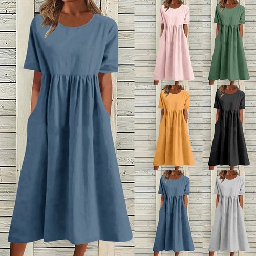 Women's Casual Short Sleeve Crewneck Swing Dress Summer Beach Dress with Pockets