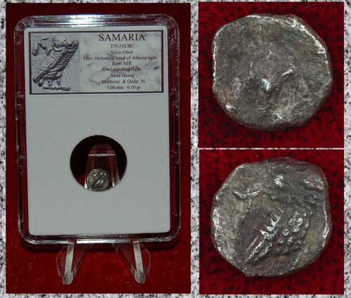 Antike Münze SAMARIA Behelmte Athene und Eule Silber Obol seltene Art Eule Münze!