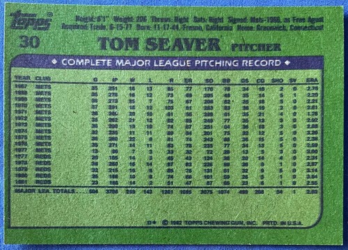 TOM SEAVER 1982 Topps #30, Cincinnati Reds, EX, Strong Borders! - Picture 2 of 4