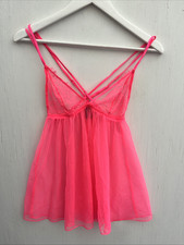 Victorias Secret Bright Pink Sheer Mesh Lace Babydoll Strappy Lingerie Size S