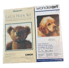2 Caron Wonderart Latch Hook Kits 12"X12" Puppy Love 426132 & Old Time Bear 4707