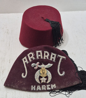Vintage Ararat Harem Shriners Fez Hat Turin Co & Moroccan Tarboush Ottoman