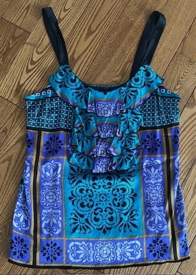 EUC Hale Bob size M silk top beautiful ruffled women's purple aqua teal black