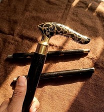 Handcrafted Wooden Walking Stick  Brass Floral Handle, 3-Piece Folding Cane