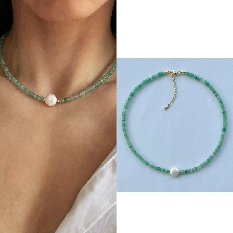 Natürlicher grüner Aventurin & Perle glatt Rondell Edelstein Perlen Halskette... - Bild 2 von 4