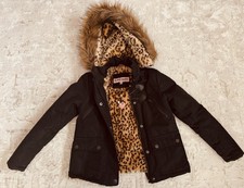 Urban Republic Girls Black Parka Jacket Faux Fur Hood Leopard Lining S 7/8