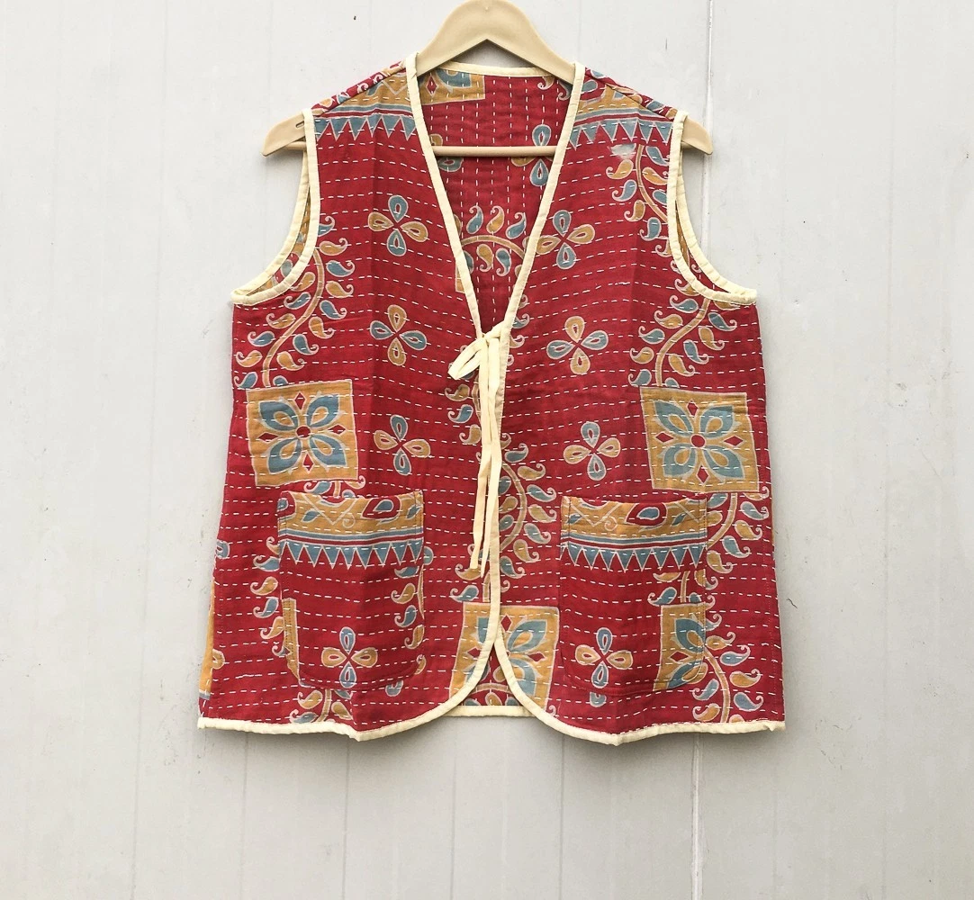 Vintage Reversible Kantha Vest Handcrafted Indian Cotton Quilted Jacket KVS1010