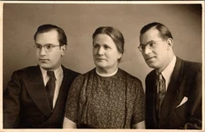 Postcard Real Photo RPPC European? Men with Glasses and Woman Studio Photo