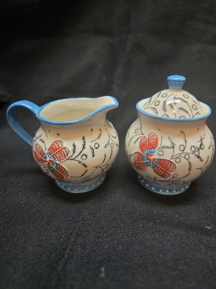 Juego de 2 piezas de crema de cera holandesa y azucarero detalles azules a juego Foto 2 de 4