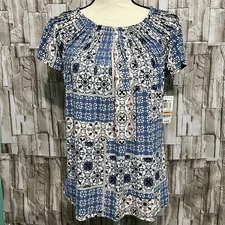 Style & Co Southwestern Pleat-Neck Top Women's Small Blue Chrmd Boho Mixed Print