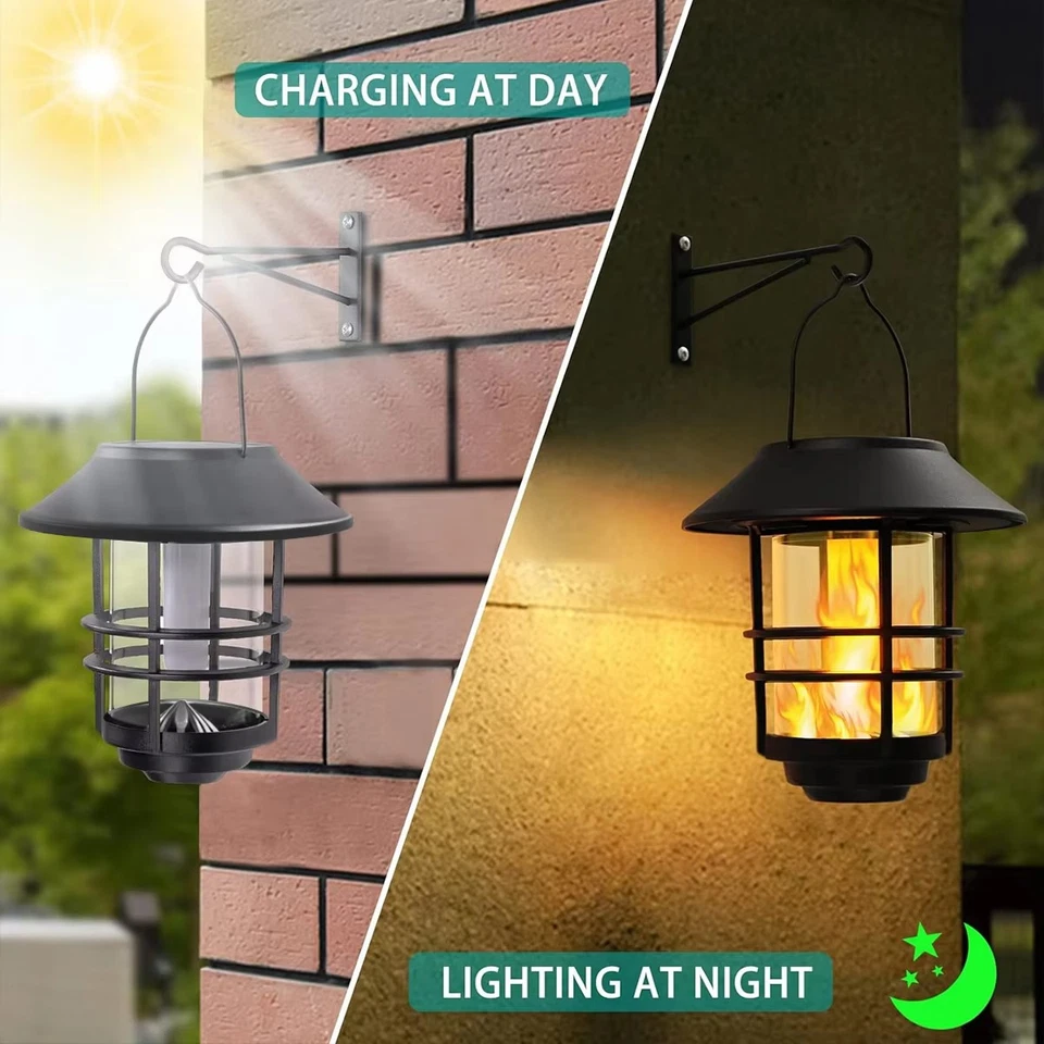 Solar Hanging Flickering Flames LED Lantern Outdoor Decorative Lights Porch Lamp - Image 4 of 4