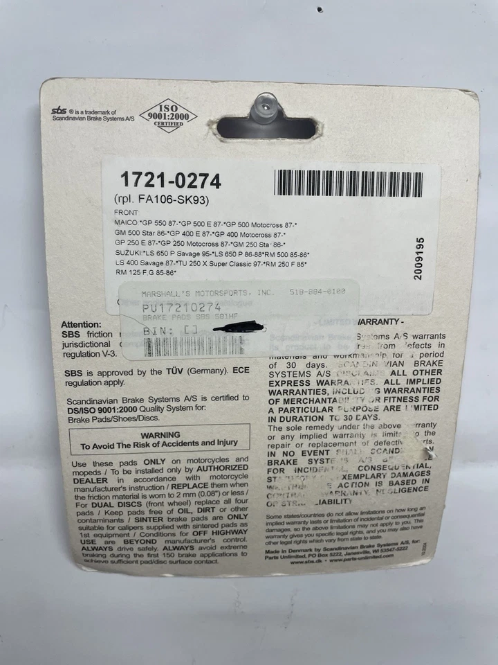 Pastillas de freno delanteras SBS Parts Unlimited Street Ceramic orgánicas Suzuki LS 650 RM 125 Foto 2 de 2