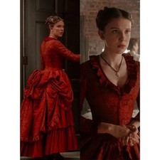 Vintage Victorian Prom Dresses Ruched Lace Satin Dark Red Medieval Evening Gowns