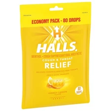 HALLS Relief Honey Lemon Cough Drops, Economy Pack, 80 Drops
