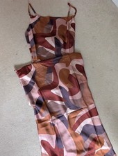 Peppermayo Swirl Print Maxi Satin Cowl Neck Dress Size XS Brand New Brown Autumn