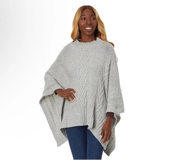 NWT Ralph Lauren Gray Silver Sequin Cable Knit Sweater Poncho - One Size
