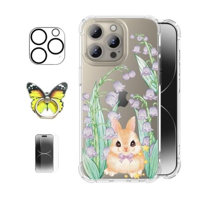 ROSEPARROT [4 in 1] iPhone 15 Pro Max 6,7'' Hülle Ring Hase Schmetterling Blume