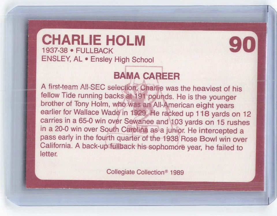 1989 Collegiate Collection Alabama Crimson Tide - #90 Charlie Holm (RC) - Image 2 of 2