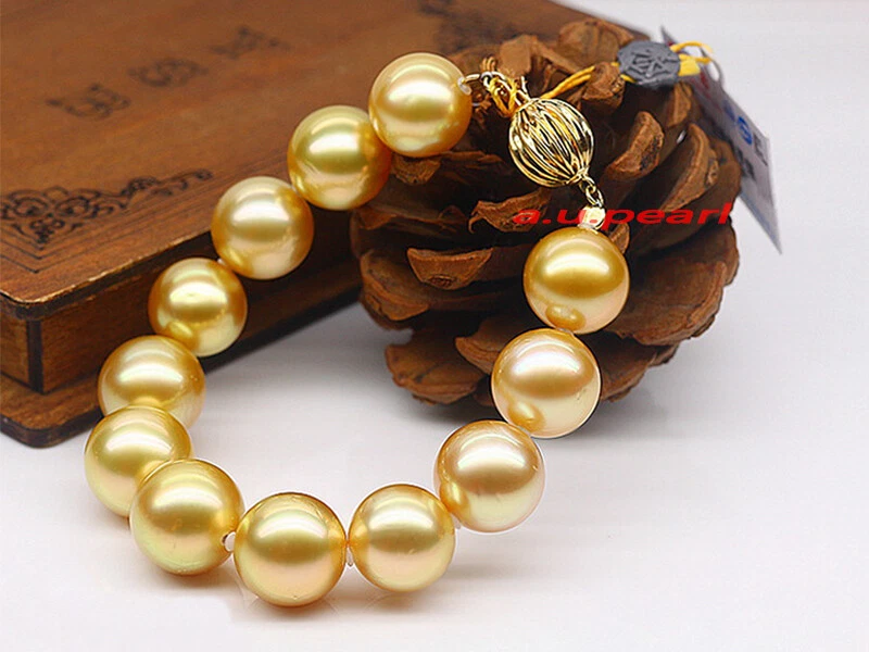 AAAAA 7.5"12-13mm Natural real round south sea golden pearl bracelet 14K GOLD - Image 2 of 4