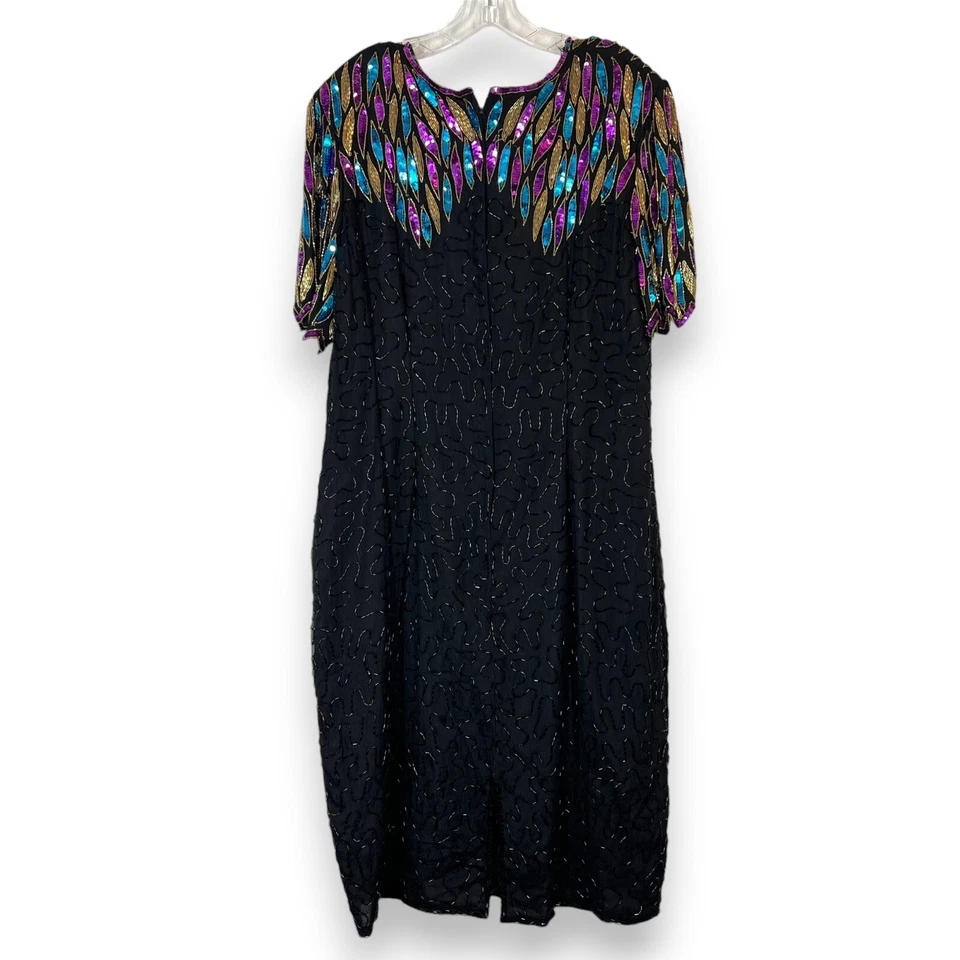 复古亮片丝绸连衣裙串珠正式鸡尾酒黑色 Midi — 第 3/4 张图片