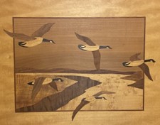 13x16 Hudson River Marquetry Inlay Canadian Geese In Flight Signed Nelson 1989