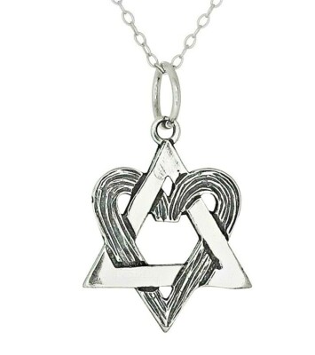 Sterling Silber Davidstern Herz Halskette 925 jüdischer Anhänger oxidiert 18 Zoll