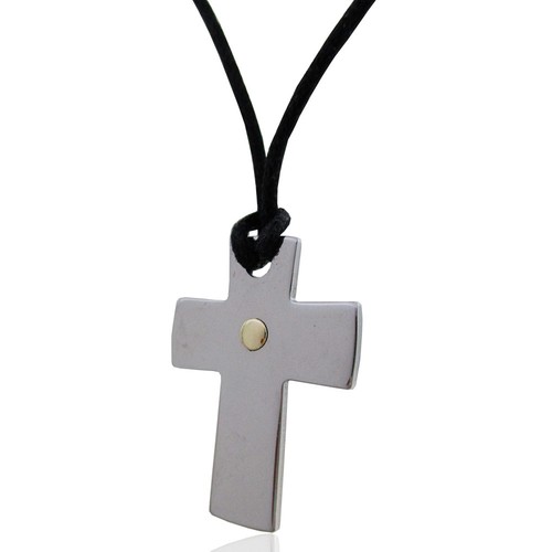 Ciondolo croce mm 23x12 in acciaio lucido con borchia oro centrale e collana - Foto 1 di 2