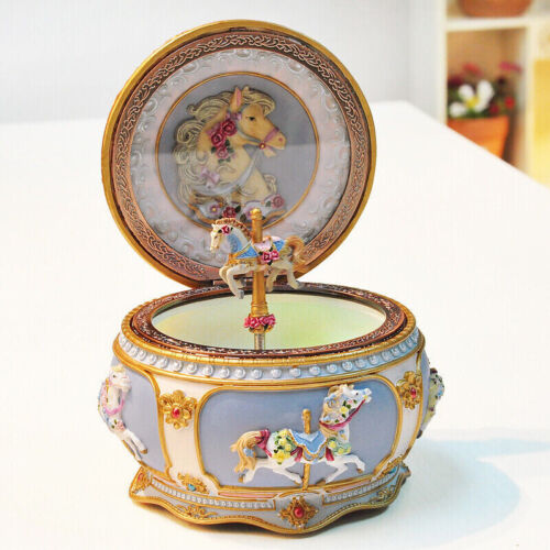 Classical Carousel Horse Music Box LED Lights Twinkling Resin Carved Collectible