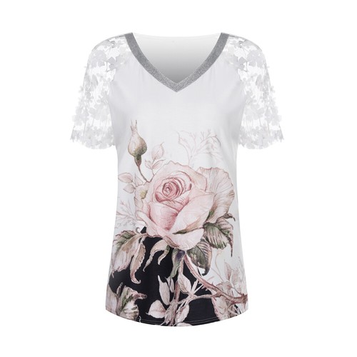 Womens Lace V-Neck T-Shirt Tops Ladies Short Sleeve Summer Casual Looose Blouse - Picture 21 of 26
