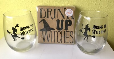Drink Up Witches Halloween Witch Stemless Wine Drink Glass and Napkin Bundle 