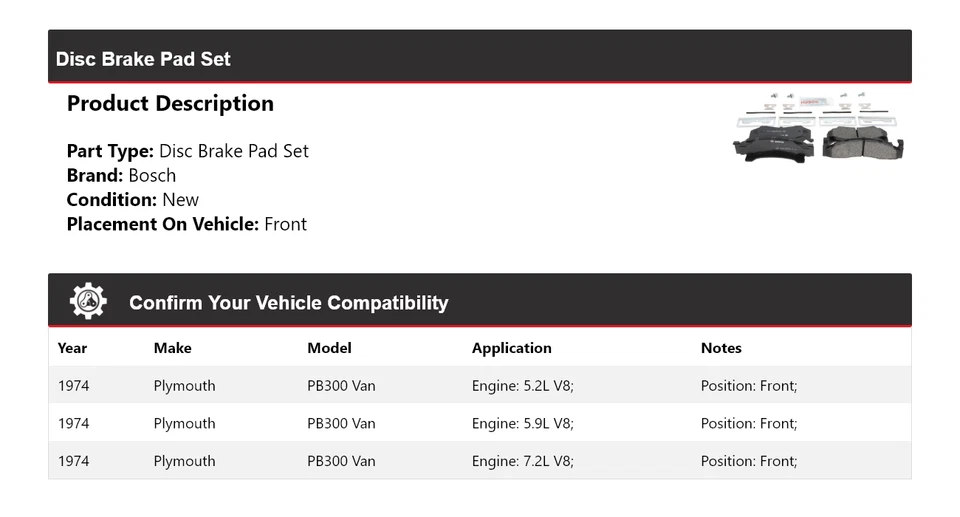 Pastillas de freno delanteras semimetálicas Bosch QuietCast para furgoneta Plymouth PB300 1974 Foto 2 de 4
