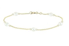 14K Yellow Gold Station Anklet Bracelet With Freshwater Pearls 10 Inches