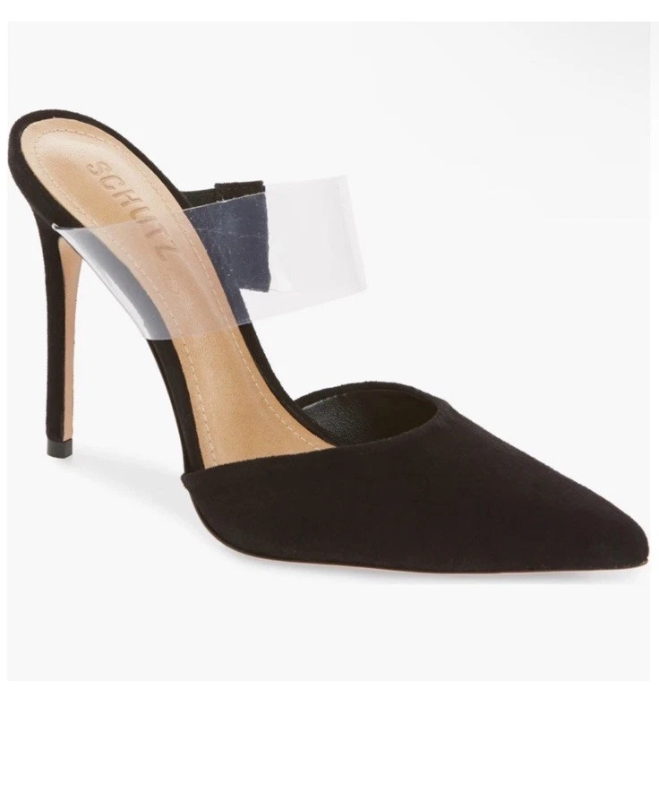 Zapatos de salón Schutz Sionne talla 10 de gamuza negra con correa transparente deslizables tacones de mula sin cordones Foto 2 de 4