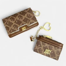 Juicy Couture Monogram Wallet SET 2-Piece Keychain Card Holder Gold Logo Charms