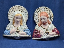 Ceramic Vtg Jesus  The Virgin Mary Sacred Heart Wall Art Plaques 3D Set As Is 