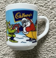 VINTAGE CADBURYS ARCOPAL FRANCE MILK GLASS MUG CUP ELVES WITH PRESENTS CHRISTMAS
